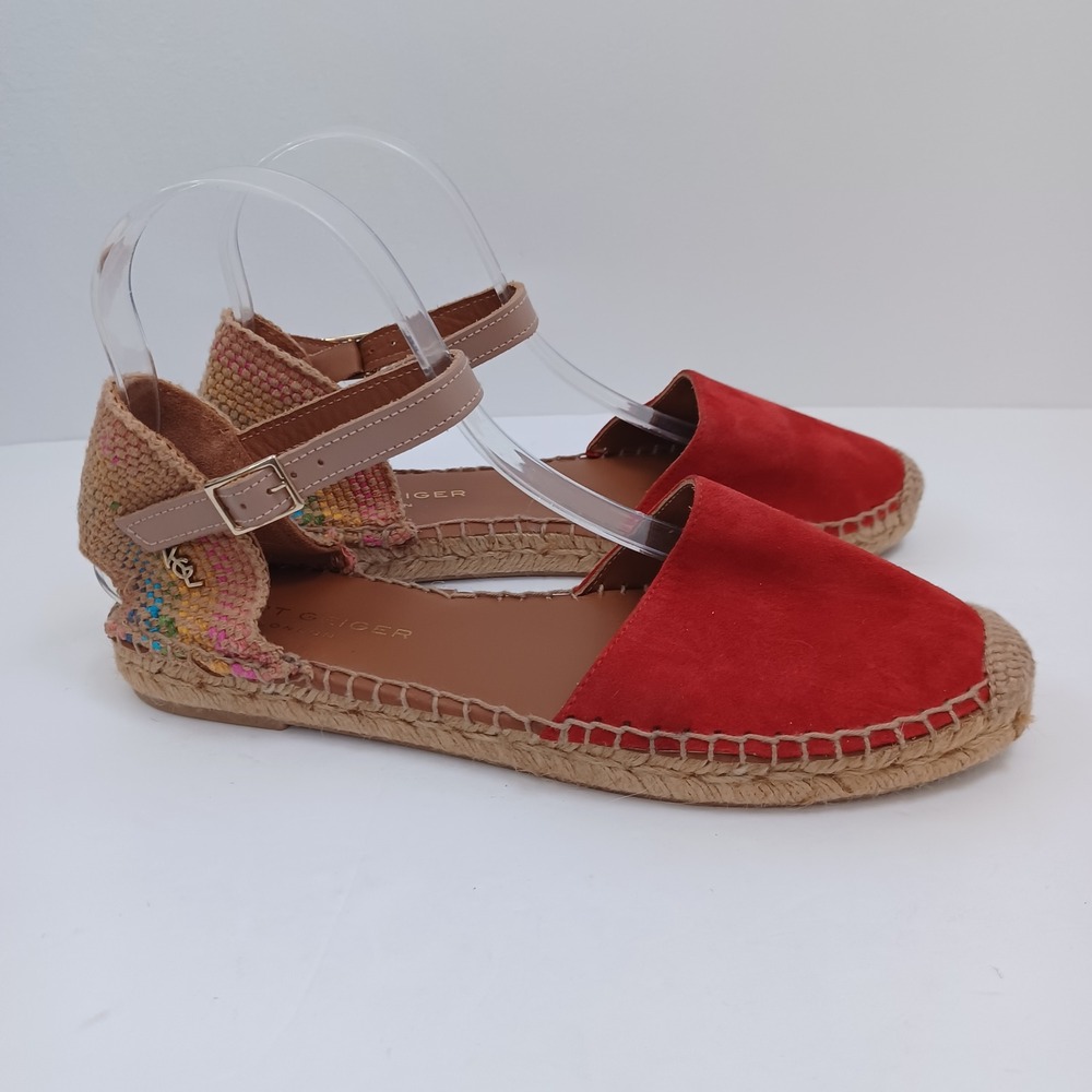 Kurt Geiger London Red Suede Espadrille Flats Ankle Strap Multi Woven Heel US 9 - Picture 10 of 14